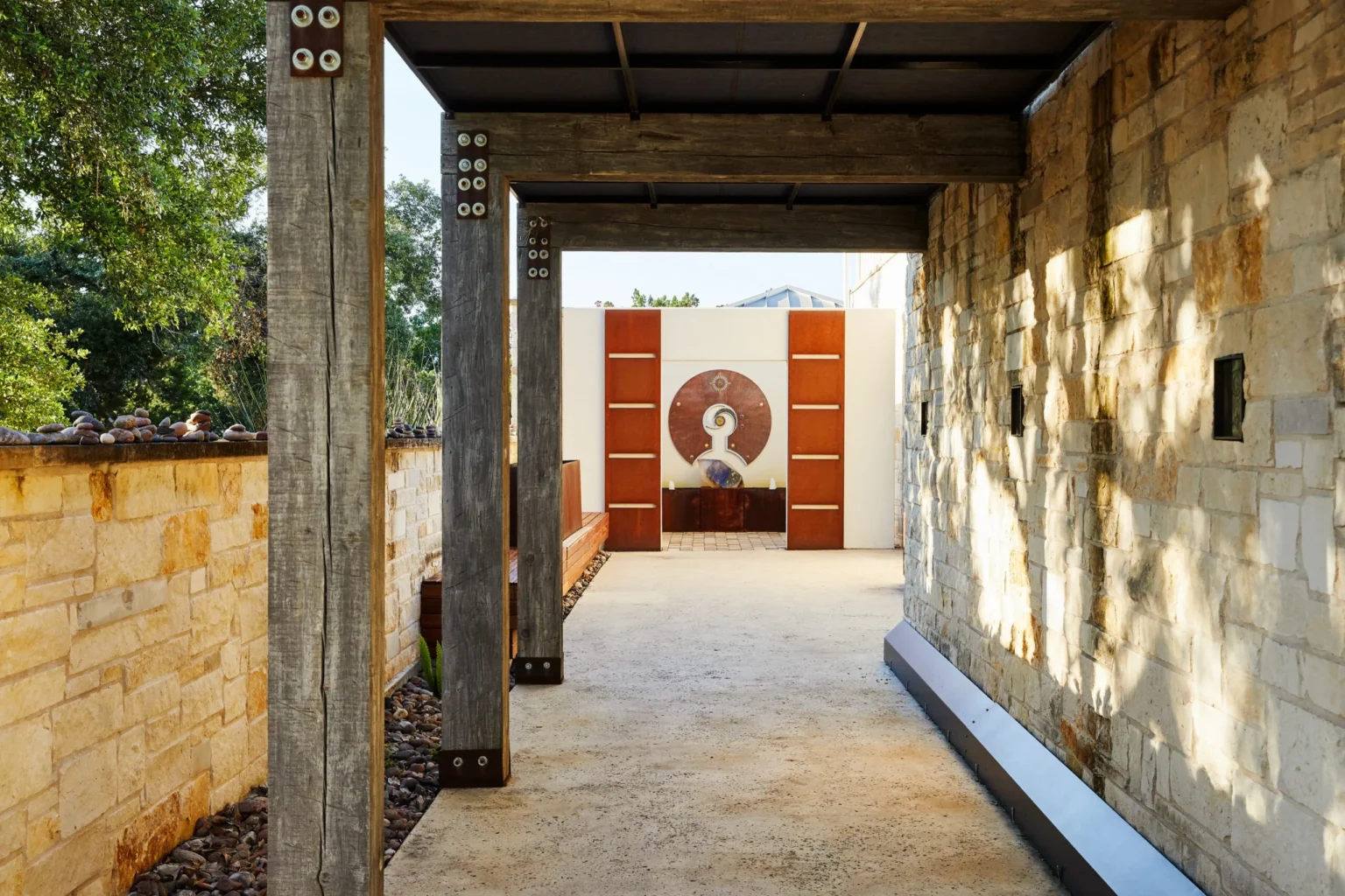 Stone and timber walkway to the spa