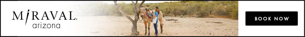 Horse and woman in desert, book now ad for Miraval Arizon
