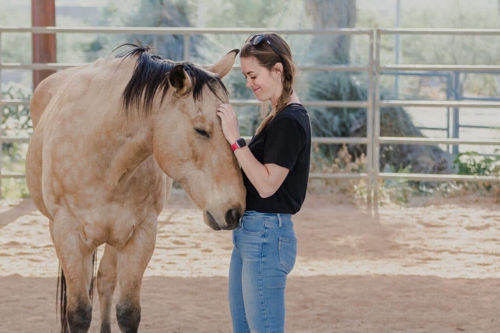 Smiling woman petting a horse in riding ring