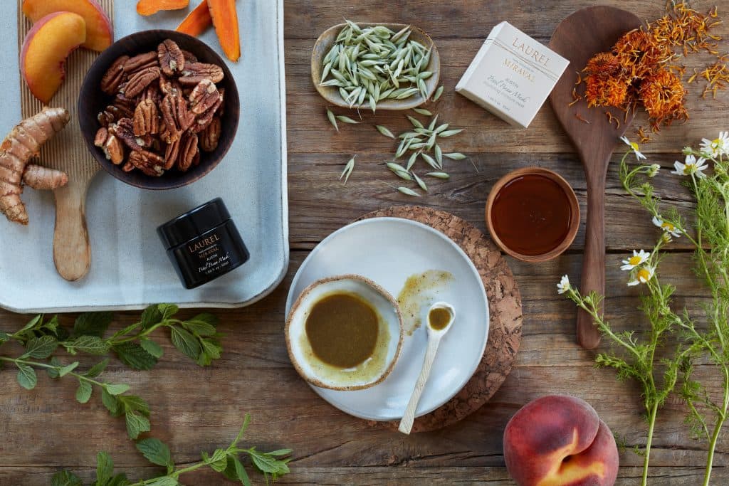 Ingredients such as walnuts, ginger, peaches, seeds for Petal Pecan Mask