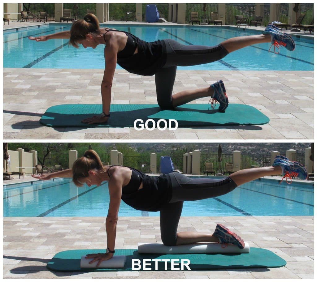 Woman doing opposite arm and row exercise at pool deck and alternate exercise to improve it